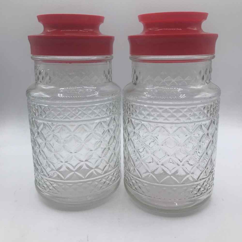 ANCHOR HOCKING GLASS JARS‎ WEXFORD DIAMOND PATTERN RED PLASTIC LID ONE  1 JAR
